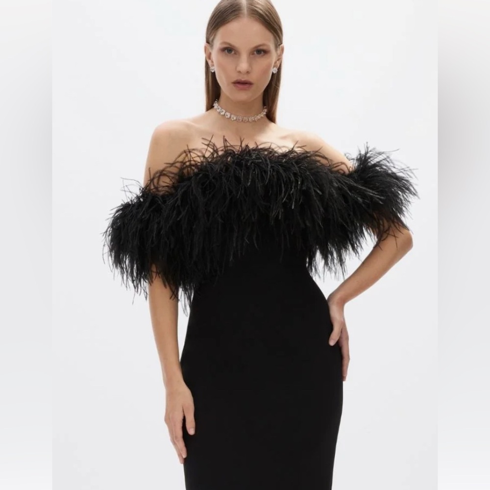 Black Feather Trim Dress - Picture 2 of 10